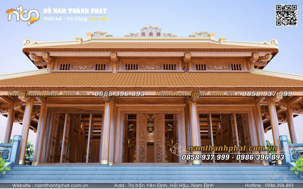 Phối cảnh ngoại thất nhà gỗ 3 gian 2 chái đẹp